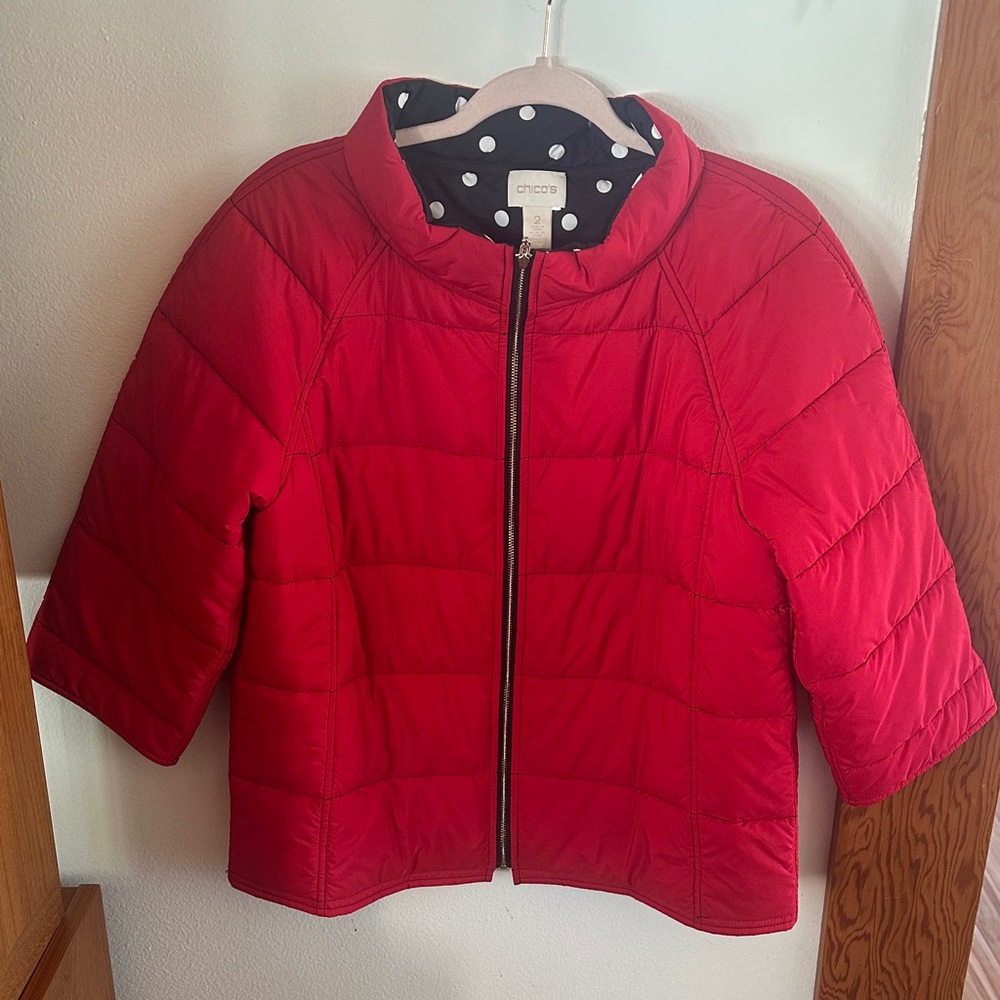Chico's Red Puffer Jacket with Polka Dot Lining